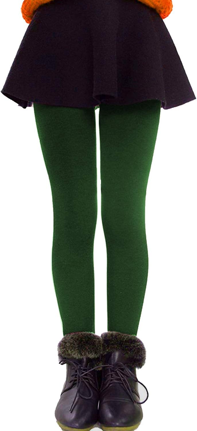 Tulucky Girls Tight Pants Winter Warm Fleece Lined Elastic Teens Leggings (Green, S(Height 35"-43"))