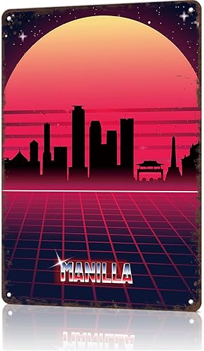 Manila Skyline Synthwave Vintage City Landscape Metal Tin Sign, Retro Travel Tin Signs Posters For Man Cave Bar Garage Car Room Streets Wall Decor 8