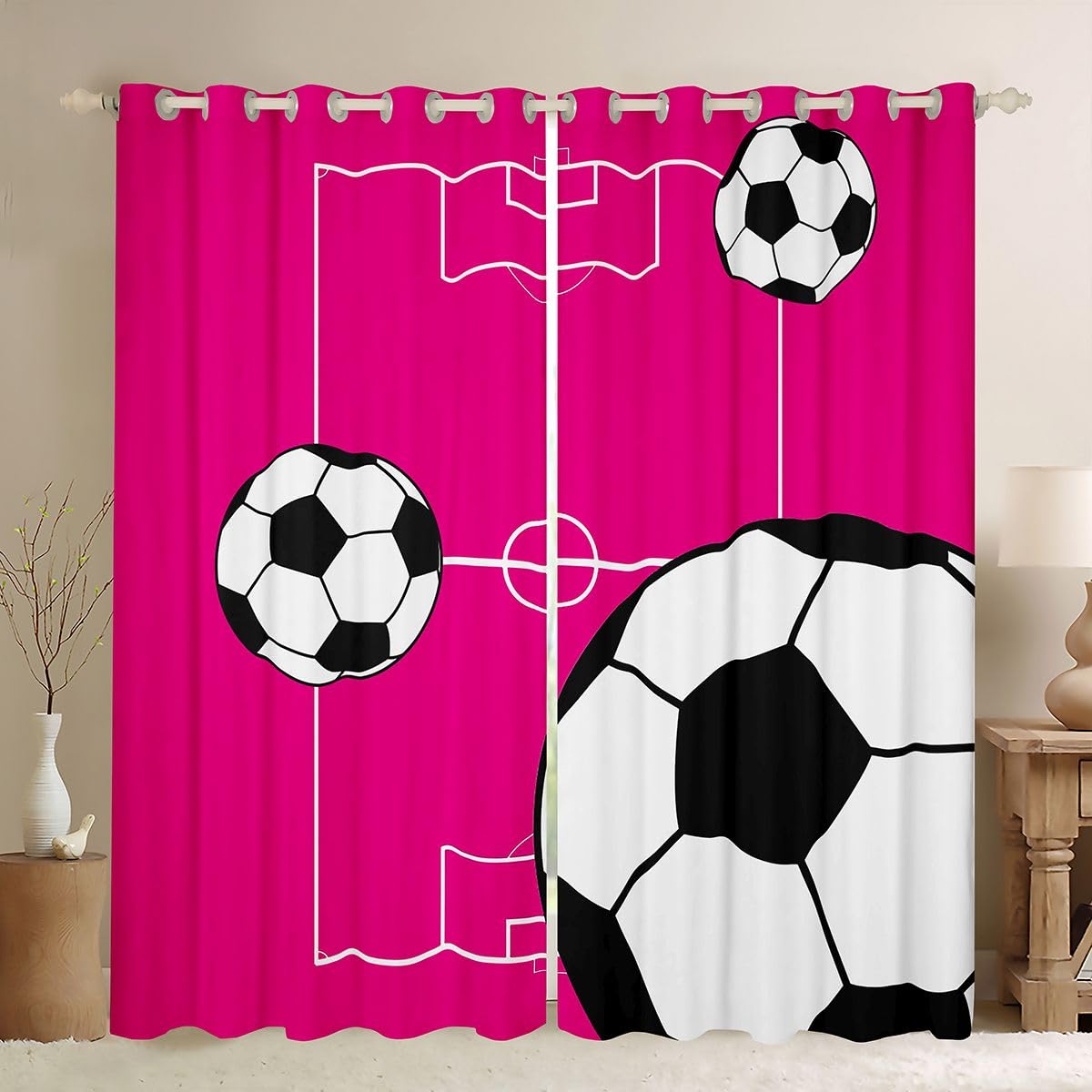 Homewish Football Blackout Curtains 52 x 90 Inch for Bedroom Dorm - Sports Themed Pink Eyelet Curtains for Living Room - Football Pitch Design Darkening Window Drapes 2 Panels — image 1