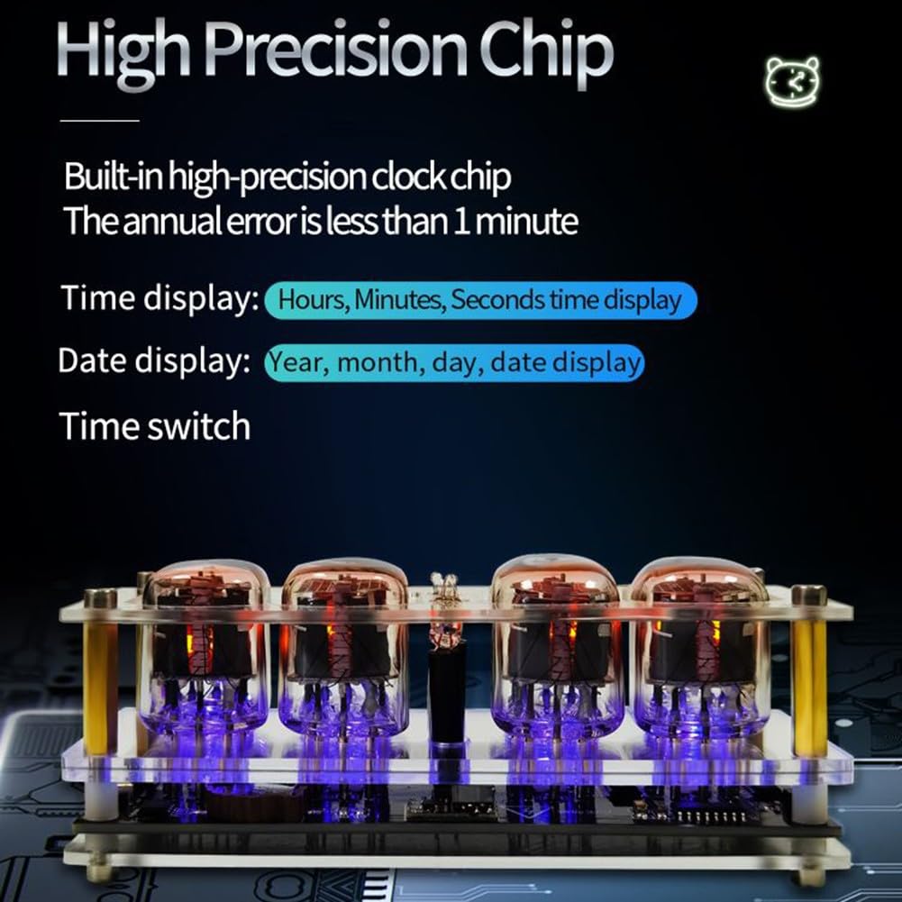 Orologio Digitale A Tubi Nixie IN-12B, 4 Bit, Luce LED RGB Sette Colori, Custodia Acrilica Trasparente, Alimentazione USB - 2