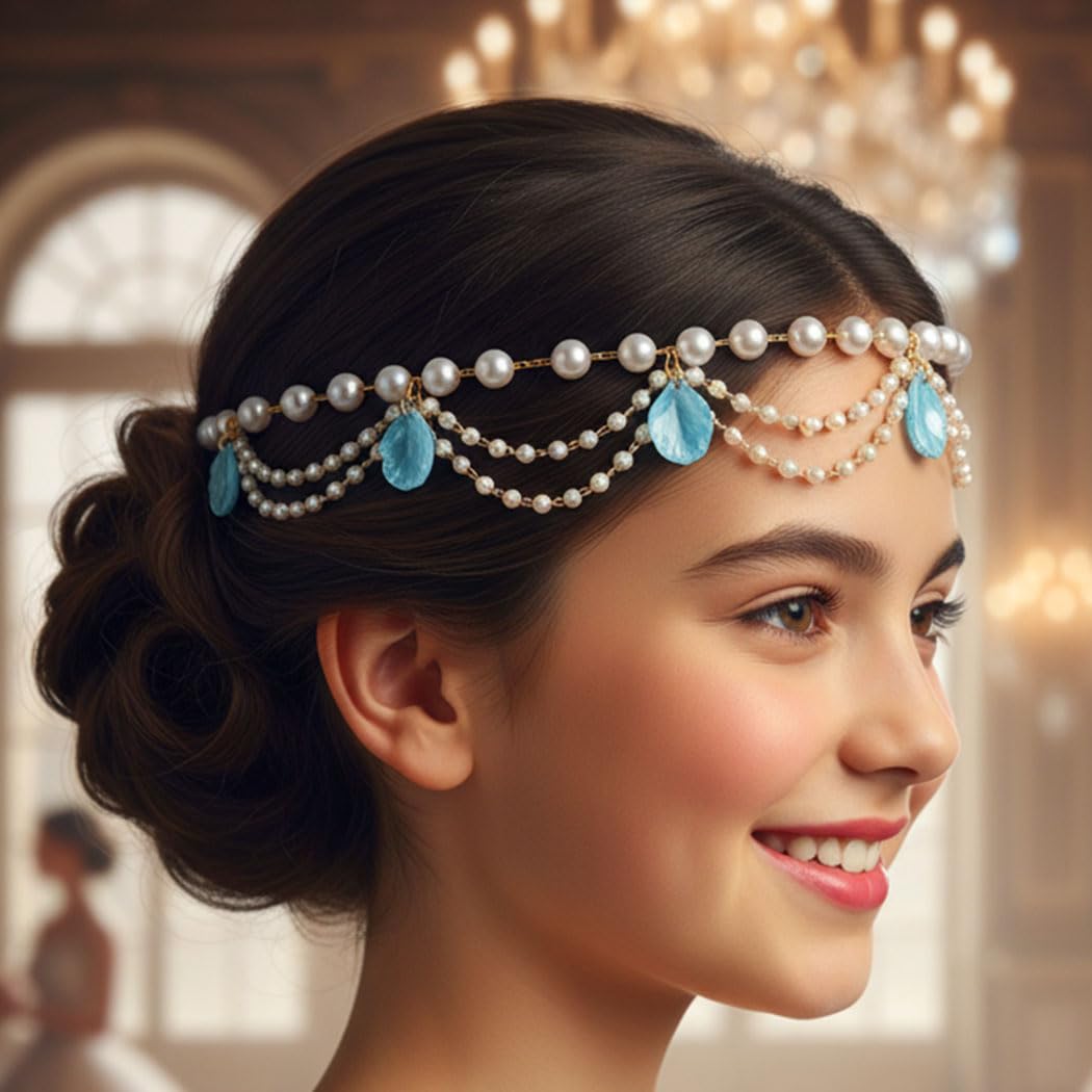 Urieo Pearl Shell Head Chain Jewelry, Gold Seashell Headpiece, Boho Mermaid Prom Halloween Hair Accessories for Girls