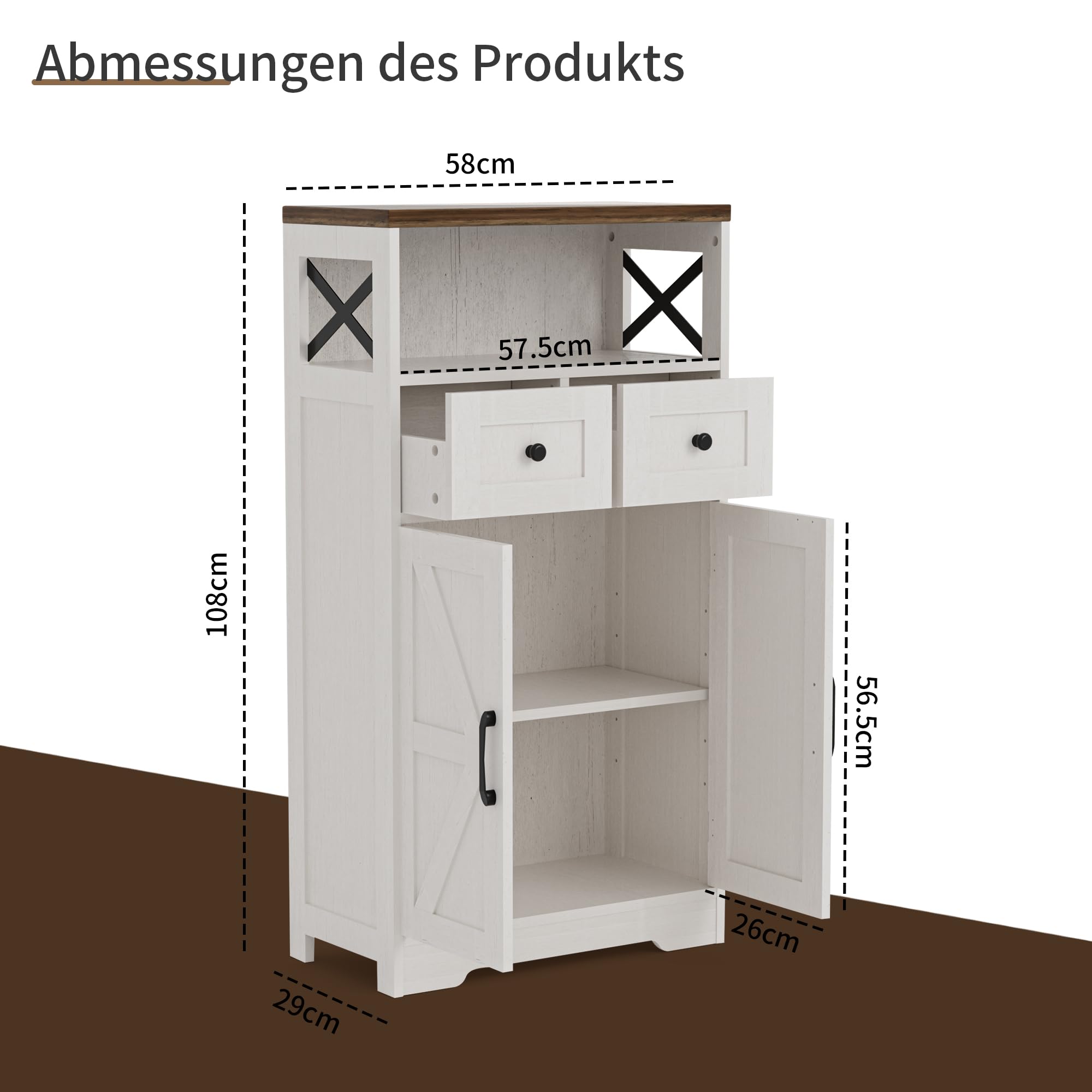 BonVache Sideboard, Küchenschrank mit Schubladen, Aufbewahrungsschrank, Anrichte mit Offenem Regal, Kaffeebar Schrank für Küche, Esszimmer, Wohnzimmer, 58 x 29 x 108cm, Weiß