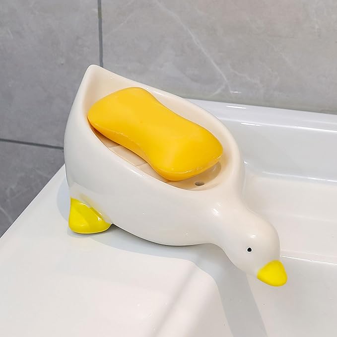 Ceramic Self Draining Soap Dish Holder Cute Duck Shape Soap Dish with Drain Shower Soap Bar Holder, Soap Tray Saver for Shower Bathroom Tub Kitchen Sink