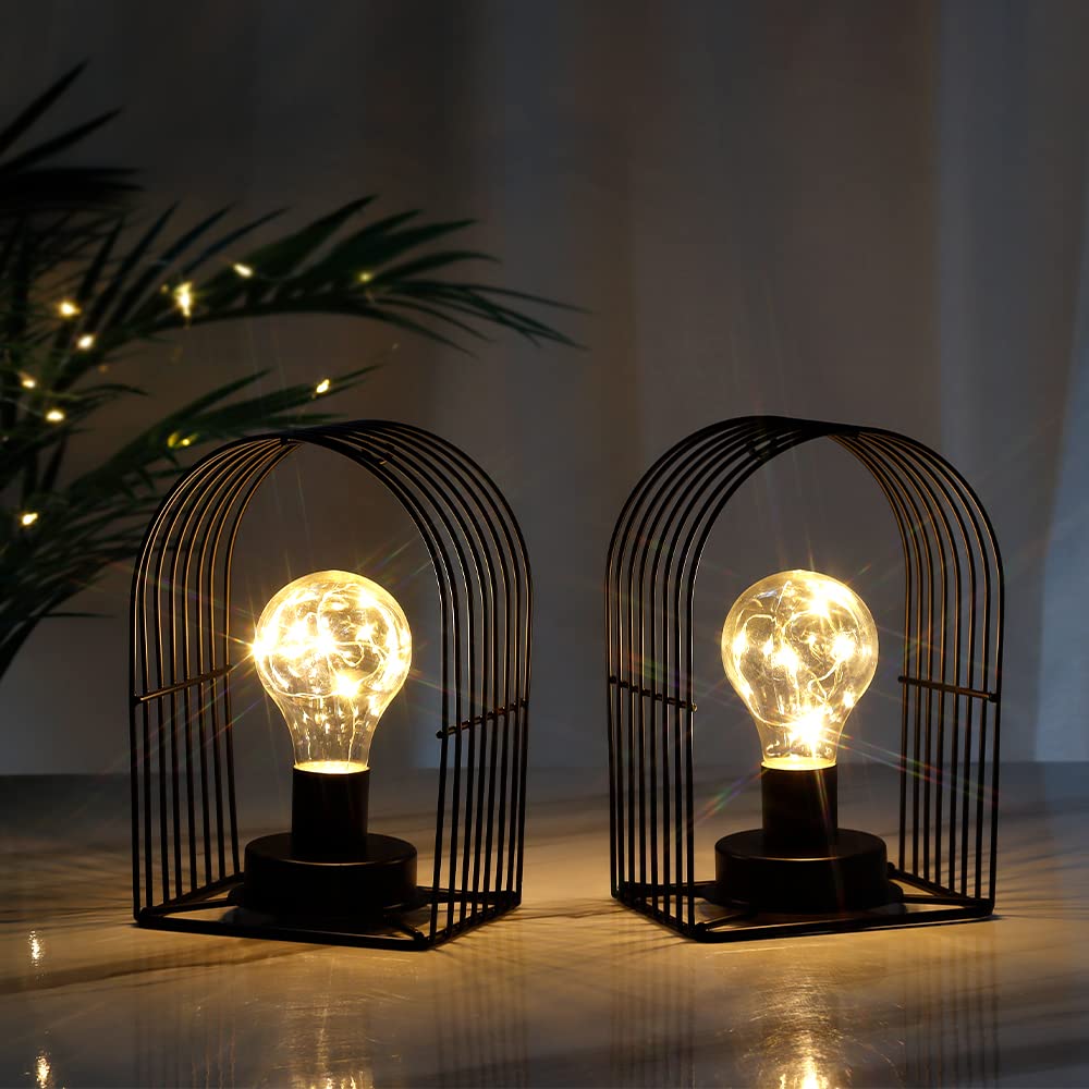 NEWIMAGE Set of 2 Battery Operated Lamp 7''H Unique Cordless Wall Sconce Metal Cage Wall Mount Lamp with 6-Hour Timer for Home Living Room Bedroom Kitchen Hallway Stairway(Black, Dome)