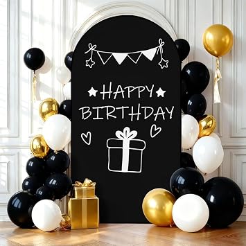 Irisbell Birthday Arch Backdrop Cover with Happy Birthday Printed,7.2FT Spandex Fitted Black Arch Covers Round Top Chiara Arches Backdrop Cover for Baby Shower Birthday Party Decoration Black, 7.2FT