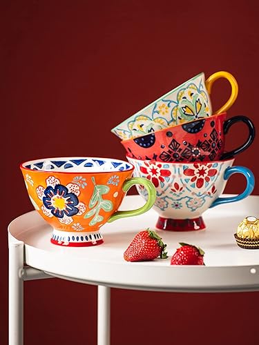 Miniatura 6 de Bicuzat Taza de café de cerámica de gran capacidad con patrón floral pintado a mano, taza de té y leche, taza de desayuno para el hogar, cocina, 14