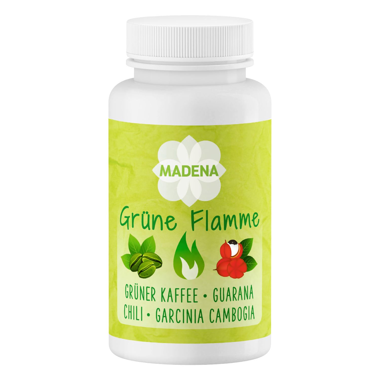 MADENA Grüne Flamme | hochdosiert in Apothekenqualität | Grüner Kaffee Extrakt Guarana Konjakwurzel Garcinia Cambogia + Chili Extrakt L-Carnitin 100 Kaps.