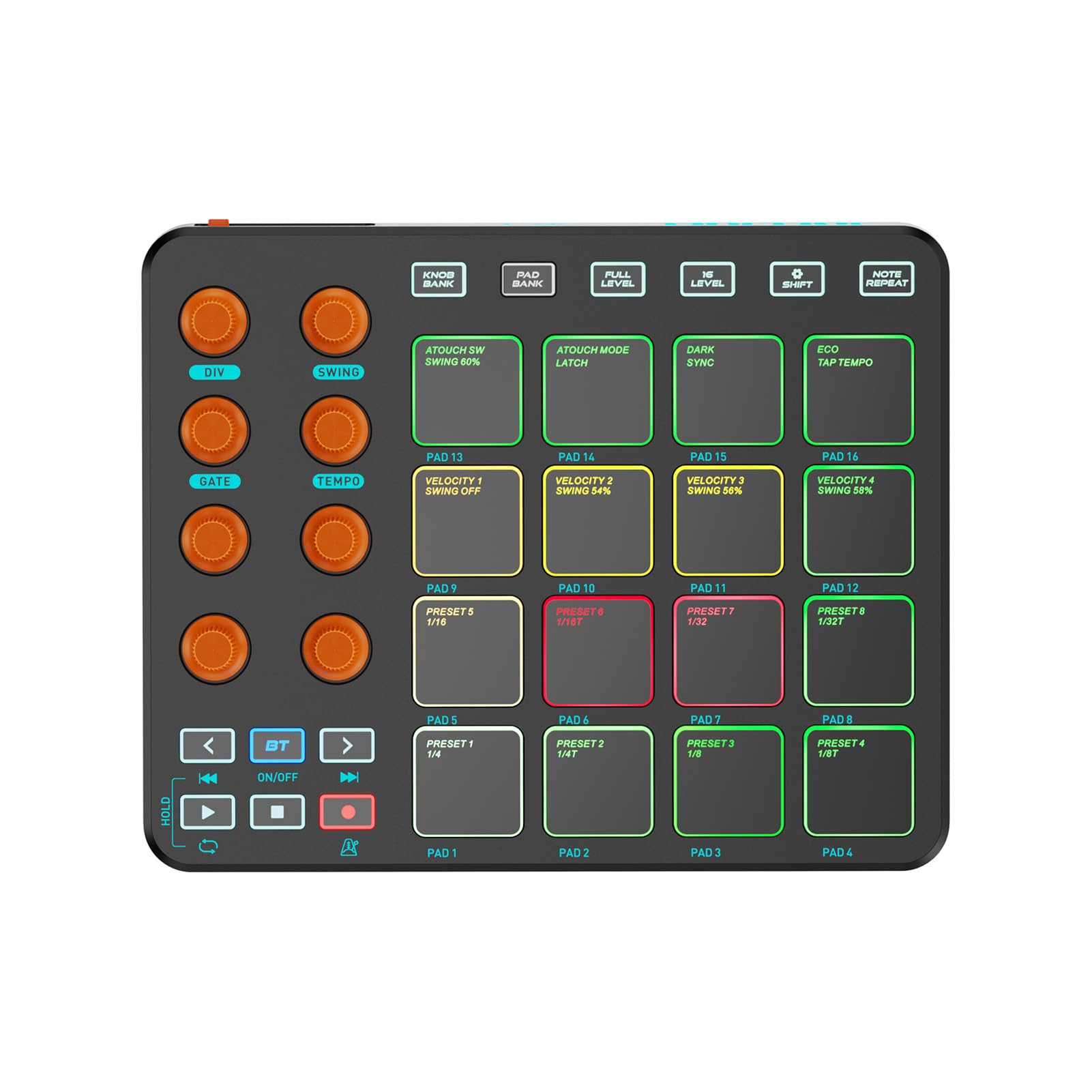Controller Midi Tastiera Midi Wireless 16 Pad RGB 6 Pulsanti Personalizzabili 8 Manopole Supporto per App Mobile per PC Ricaricabile Principianti (Nero)