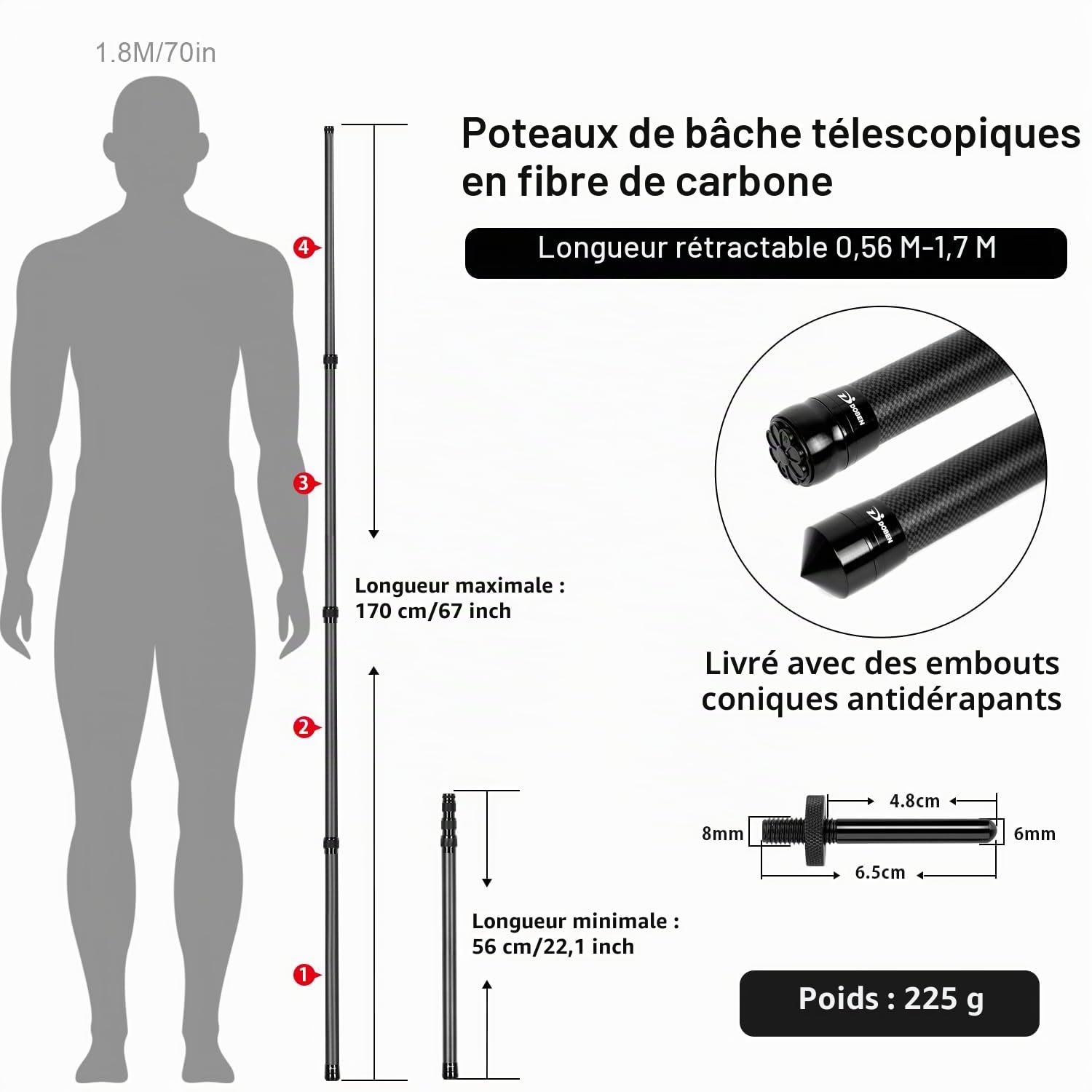Lot de 2 Poteaux De Tente Télescopiques En Fibre De Carbone - 1.7m/2.1m/2.4m/2.7m/3m - Réglables - En Fibre De Carbone - Ultra Légers Et Ultra Solides - Pour Le Camping Tente, Taps ou voile d'ombrage