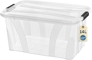 Storage Boxes with Lid, 7L, 14L, 21L, 32L, 55L, 80L Plastic Boxes, Click Closure, Stacking Boxes, Set of 1/3, Food-Safe, Transparent, Household & HVAC Buying Block (1 x 14 Litre & 1 x HLKauf-Block)
