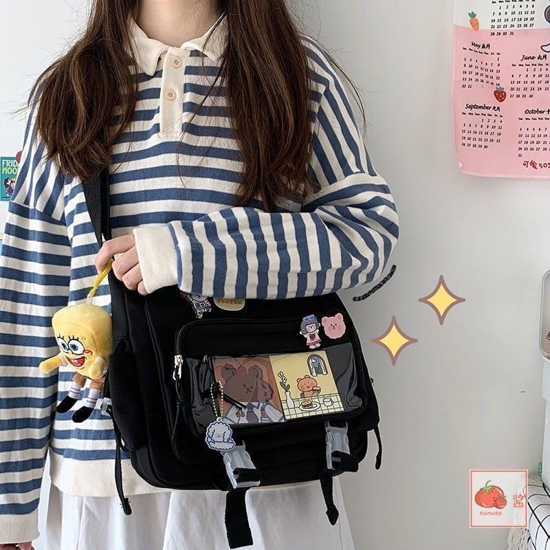 Image of Kawaii Crossbody Ita Bag for Women with Pin & Plush Bear - Japanese Messenger Bags Y2K Shoulder Purse