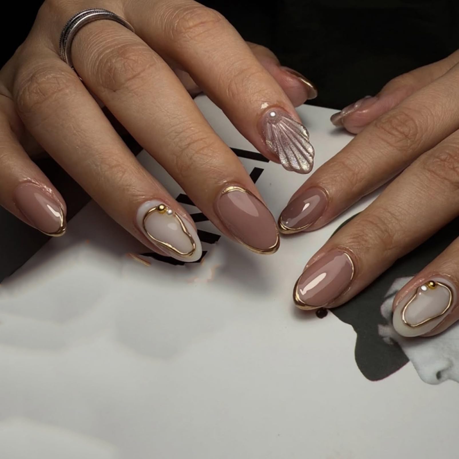 Elegant Almond Press On Nails with Gold Edging & Pearl Accents