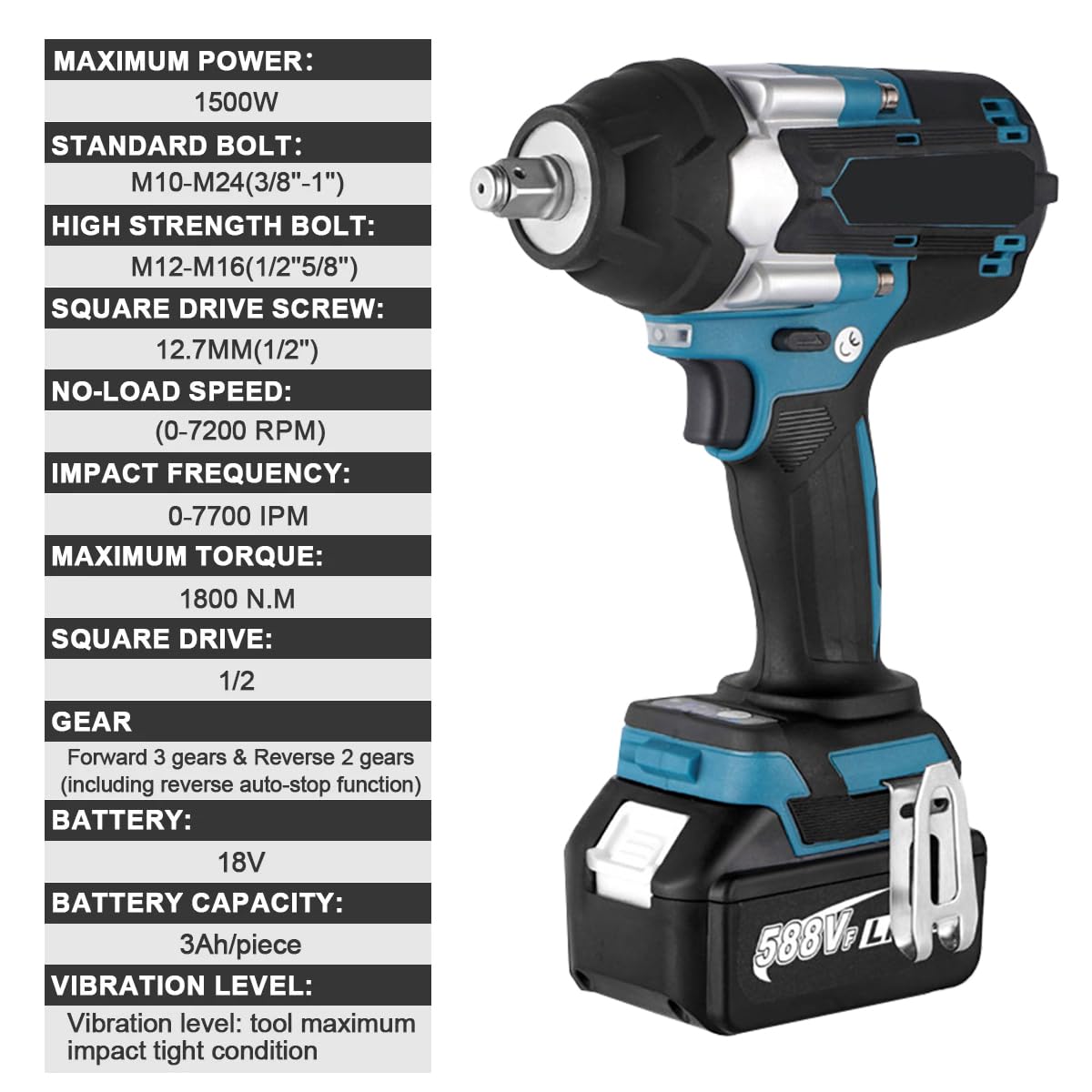 1800N.M Avvitatore a percussione a batteria, 1/2", compatibile con Makita 18 V, avvitatore a percussione multifunzione con luce LED, con 1 batteria, 7200 rpm, 5 velocità, per auto e casa