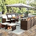 Devoko 11 Pieces Patio Dining Sets Space Saving Outdoor Dining Table and Chairs Set Wicker Rattan Patio Table Set with Ottoman (Beige)