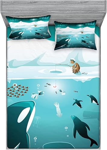 Miniatura 1 de Lunarable Whale 2 Pack Fitted Sheet & Pillow Sham Set, Subaquatic Life Arctic, 4 Pcs Bedding Decor, Package Contains 2 King Size Fitted Sheets & 4