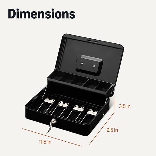 Miniatura 5 de Tienda Basics Caja de efectivo con llave de bloqueo y bandeja organizadora de dinero, 3.54 pulgadas de alto x 11.81 pulgadas de ancho x 9.45