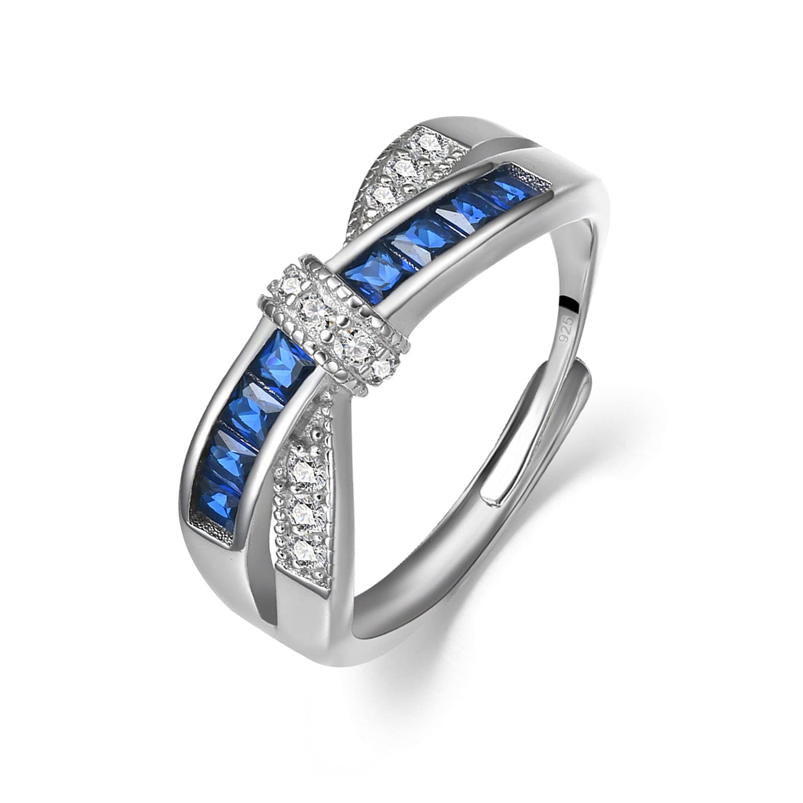 Mashan Adjustable Size Women Wedding Ring 10K White Gold Plated 925 Sterling Silver Princess Cut Blue CZ Engagement Ring Wedding Band