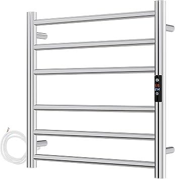 AQUAWORLD Stainless Steel 304 Electric Towel Warmer Heated Towel Rail with Built-in Timer for Bathroom Wall Mounted Bath Towel Heater Hardwired Electric Heated Towel Rack Polished Chrome 620mm x 600mm