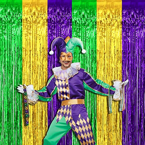 Image of 4 Pack Mardi Gras Foil Fringe Curtain Backdrop, 3.28Ft x 8.2Ft Gold Green Purple Metallic Tinsel Foil Fringe Streamers Curtains for Photo Booth, Wedding, Birthday, Carnival Party Decoration