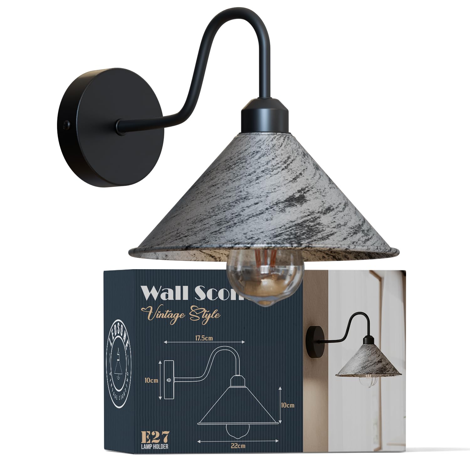 Led Wall Lights Indoor Modern Brushed Silver 22cm Cone Shaped Shade Swan Neck Led Sconce Fittings Not Battery Operated Wall Lamp for Living Room, Bedroom, Hallway