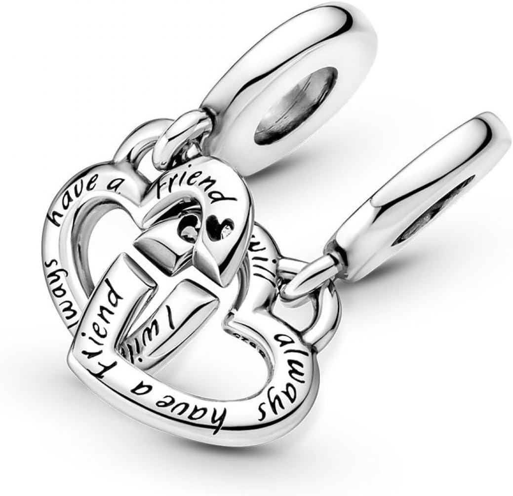 PANDORA Linked Sister Hearts Split Dangle Charm - Pulseras Momentos compatibles - Joyería para mujer - Regalo para mujer - Hecho con plata de ley y circonita cúbica