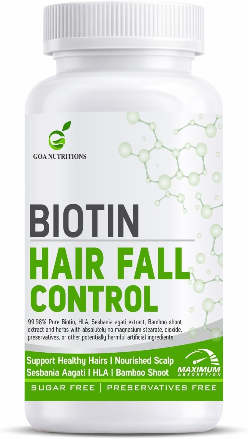 GOA NUTRITIONS Biotin Tablets for Hair Growth with Vitamins E C Sesbania 10000mcg (99% Biotin Supplements) as DHT Blocker to Reduce Dandruff, Hair fall, Dry Scalp Supplement for Men Women 60 Tablet