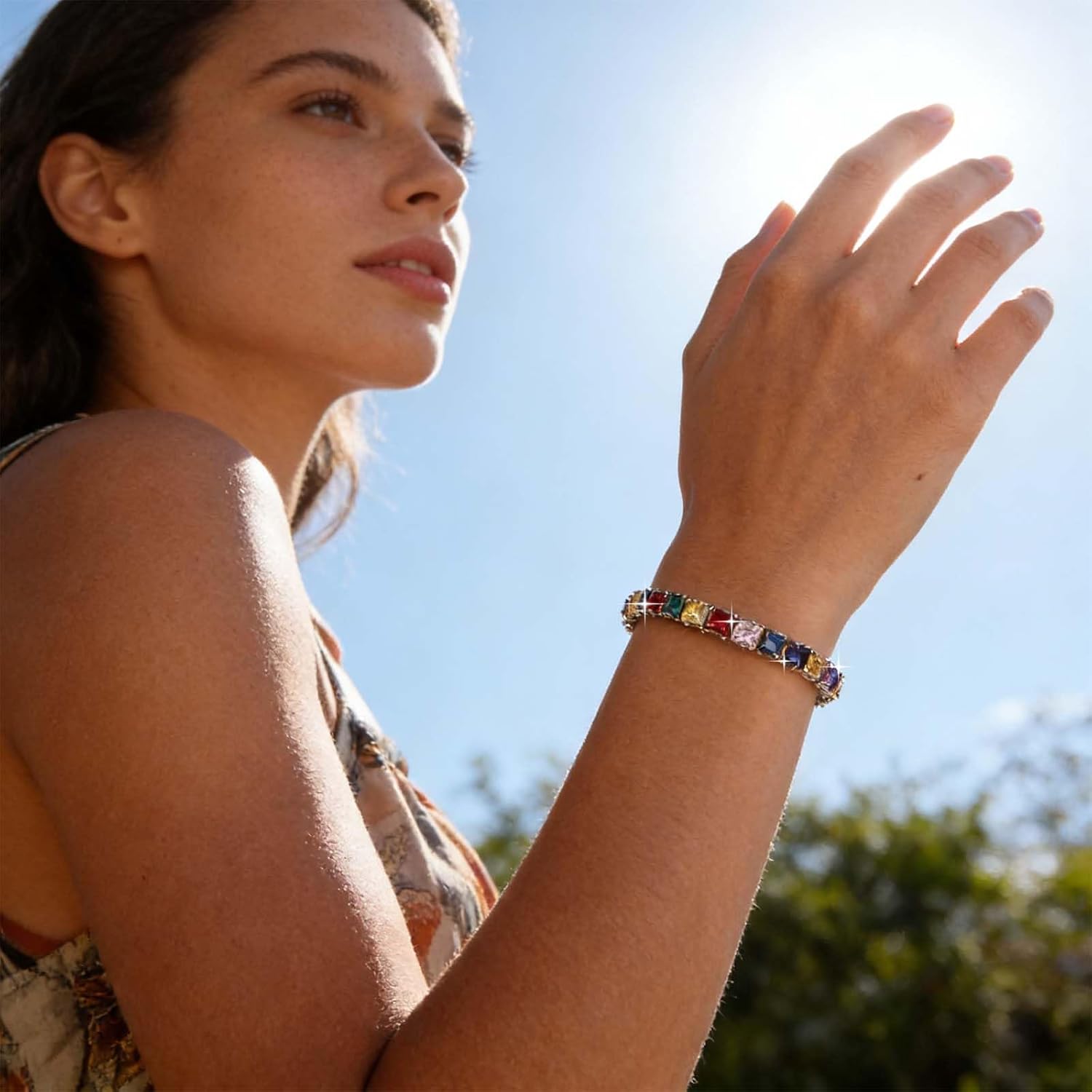 Vintage Rainbow Tennis Bracelets Colorful Crystal Bracelets Silver Cz Square Bracelet Multicolor Gemstone Bracelet Adjustable Rhinestone Hand Chain Bridal Wedding Jewelry for Women - Image 5