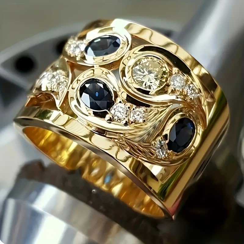 Vintage Band Ring Exquisite Blue Synthetic Gemstone Wide Ring for Women Men Holiday Banquet Ring Jewelry Birthday Gift