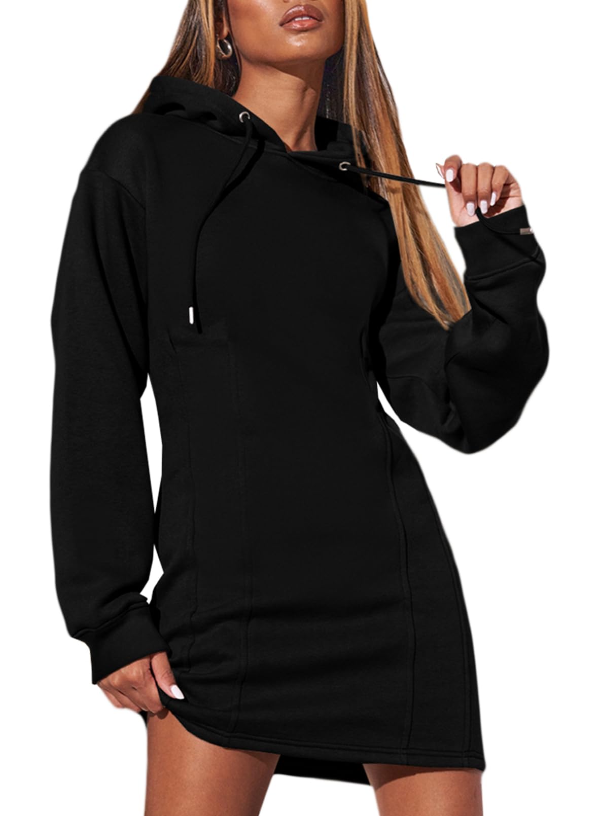 AlvaQWomens Hoodie Dresses Fall Winter 2025 Casual Long Sleeve Drawstring Pleated Sweatshirt Pullover Tunic Mini Dress