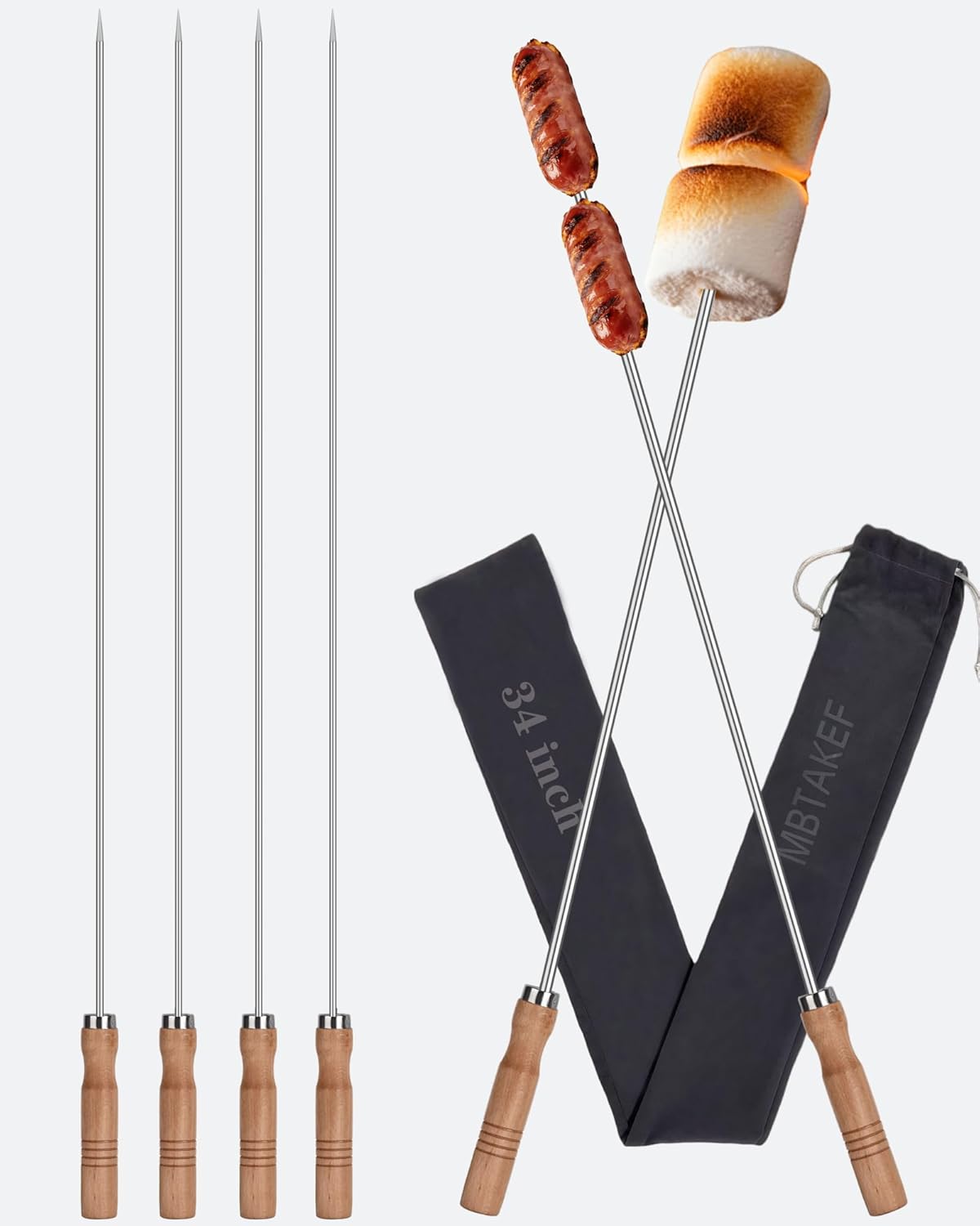 34" Stainless Steel Marshmallow Roasting Sticks with Wooden Handle,Extra Long Metal Smores Skewers for Fire Pit,BBQ Barbecue Skewers for Outdoor Campfire,Grilling,kebob,Hotdog,Sausage-(4 PCS)