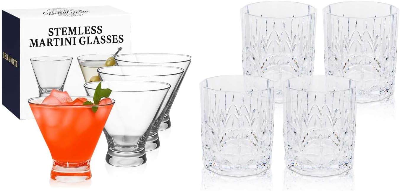 BELLAFORTE Unbreakable Drinkware Bundle – Set of 8 Tritan Plastic Glasses (4x 13oz Tumblers + 4x 10oz Stemless Martini Glasses) – Shatterproof, BPA-Free, Dishwasher Safe, Crystal Clear Reusable