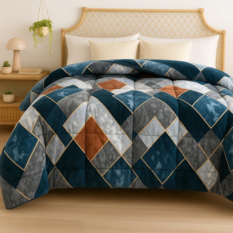 BSB HOME 3 Layered Heavy Winter Quilt | Rajai – 600 GSM Thick & Fluffy Comforter, Ultra Warm Double Bed Blanket for Extreme Cold Weather Weight 3 kg, Pattren - Quilted Cheks, Colour - Teal & Grey-image-25