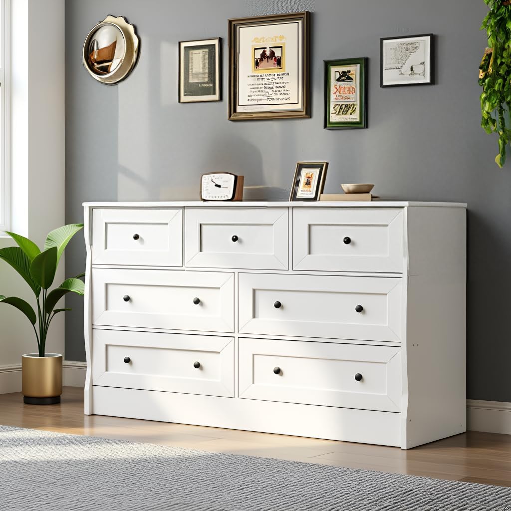 HOOBRO White Dresser for Bedroom, White Chest of Drawers with Storage, Farmhouse 7 Drawers Dresser Organizer for Living Room, Hallway, Entryway, Easy Assembly