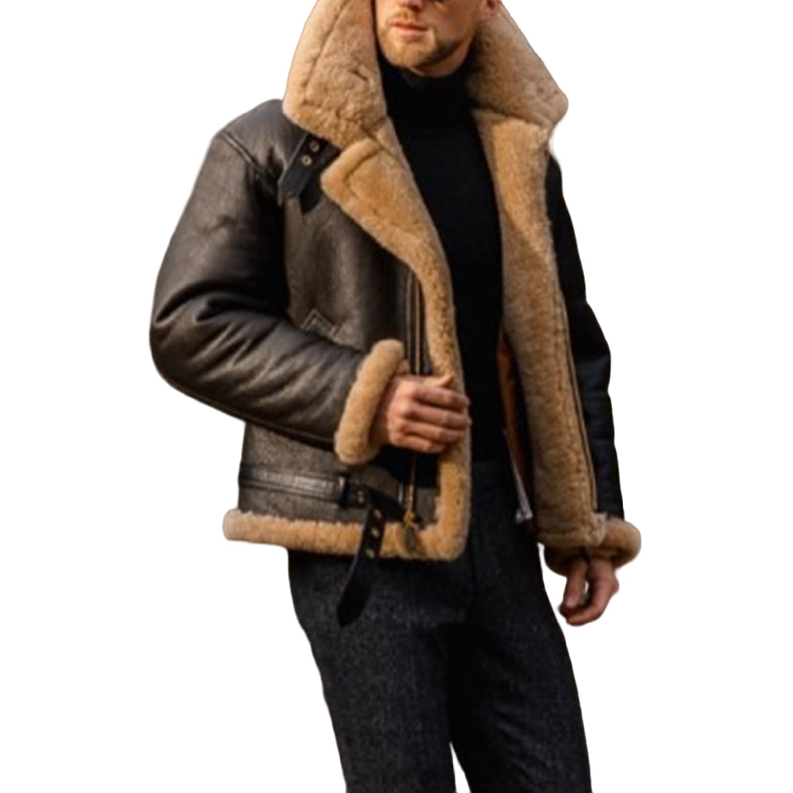 Baimiu Mens Aviator B3 Sheepskin Bomber Flying Brown Leather Fur Jacket Winter Coat Vintage Trucker Motorcycle Jackets Pocket