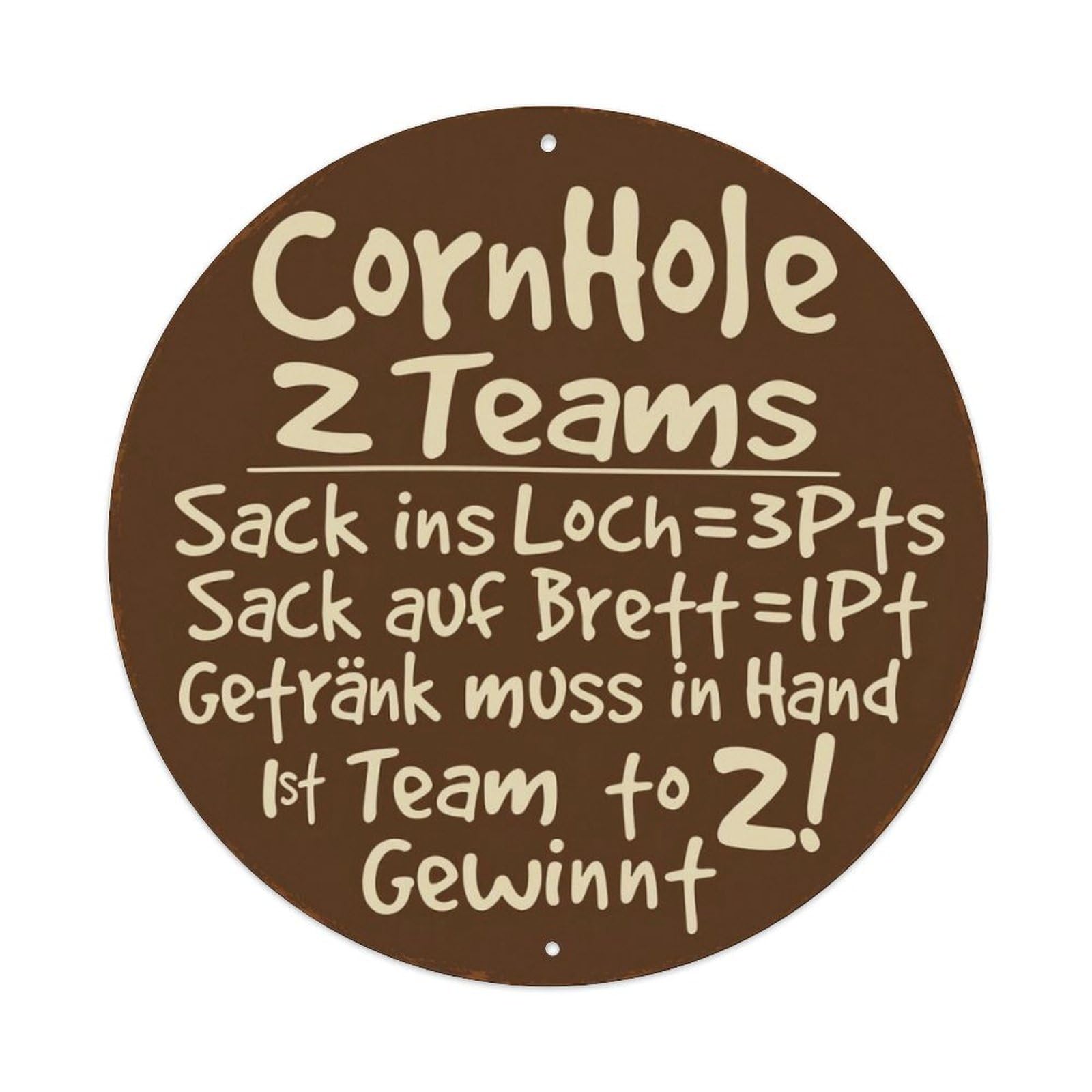 German Cornhole Game Score Rule Vintage Round Wall Sign Vintage Aluminium Metal Sign, Retro Wall Decor for Home, Bar, Garage & Farmhouse 20x20cm