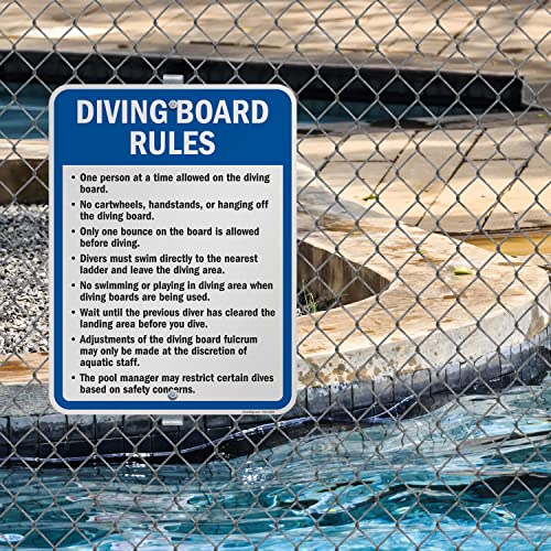SmartSign 24 x 18 inch “Diving Board Rules - One Person At A Time, No Cartwheels, Only One Bounce” Metal Sign, 80 mil Laminated Rustproof Aluminum, Blue, Black and White