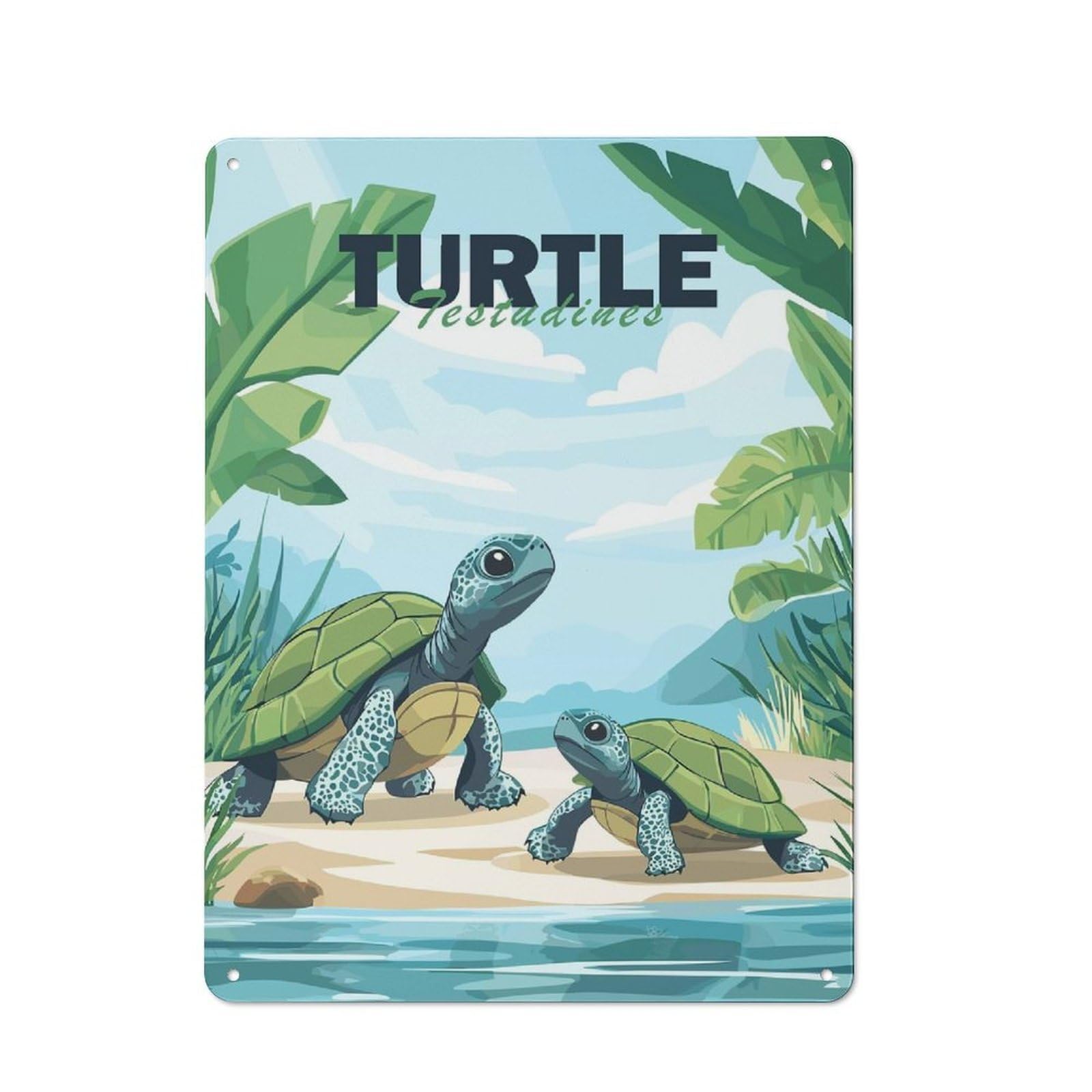 Nostalgic Decorative Tin Sign 40x30cm Featuring Two Turtles on A Beach, Old Style Wall Plaque for Kitchen, Hallway, Bar Or Small Cafe