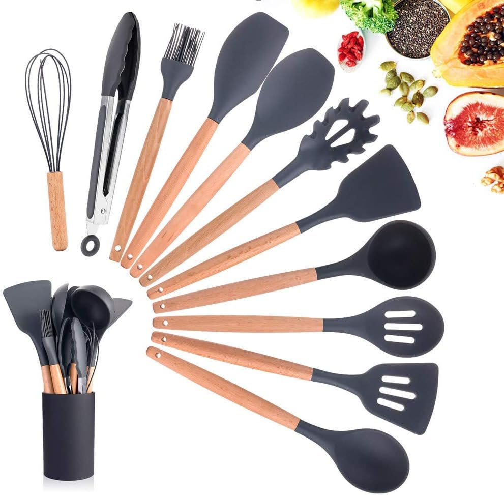 EKKONG Silicone Kitchen Utensils Set,11+1 Pcs Silicone Cooking Utensils Spatula Utensil Set,Heat-Resistant,Non-Stickc,Safe Food Grade Silicone with Premium Wood Handles
