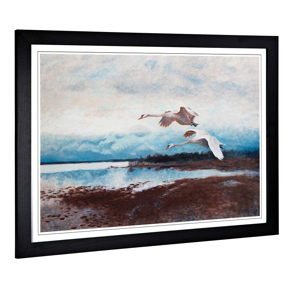 Big Box Art Framed Print of Bruno Liljefors Swans in Flight Design | Wall Art Picture | Home Decor for Kitchen, Living Room, Bedroom, Hallway, Black, A2 / 24.5x18 Inch / 62x45cm