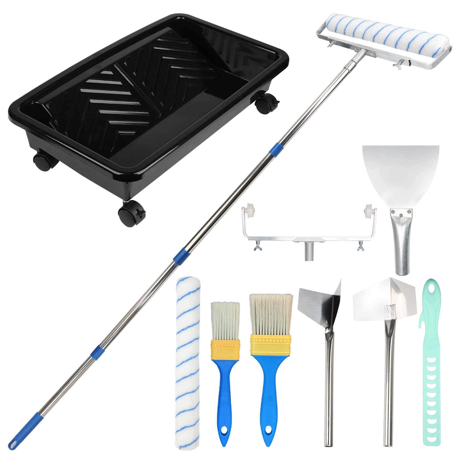 45cm Farbroller Set mit Teleskopstange 160cm und Farbwanne mit Rädern | Verstellbarer Rahmen 30-50cm, Mikrofaser Malerrolle Groß, Pinsel, Spachtel, Malerset für Wandfarbe Decken Streichen Zubehör