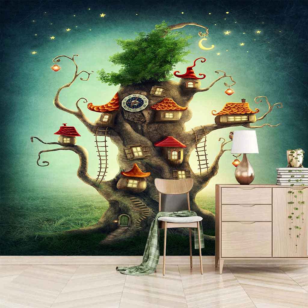 Papier peint autocollant 3D maison dans les arbres fresque murale 150 cm