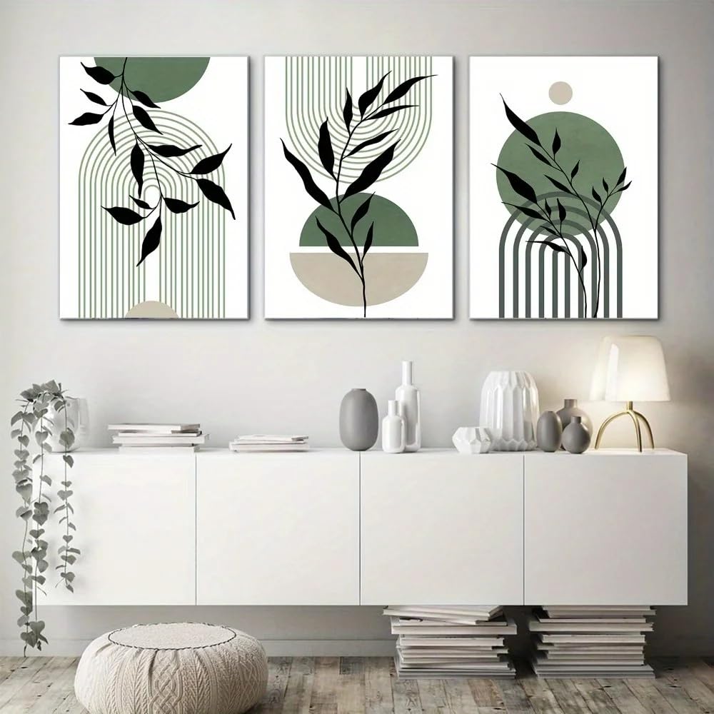 Botanical Posters-Sage Green Boho Wall Art Green Black Beige Abstract Mid-Century Poster Modern Botanical Living Room Kitchen Bedroom Decoration-60 * 80cm*3PCS (No Frame)