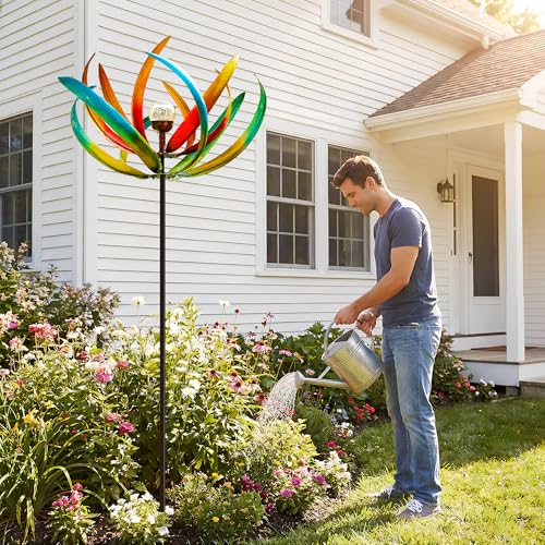 Image of 83 inch Large Solar Wind Spinner Outdoor - Metal Tulip Flower Sculpture with Multi-Color LED Glass Ball - Waterproof Kinetic Yard Art for Garden Lawn Patio, Mother's Day Birthday Gardening Gifts