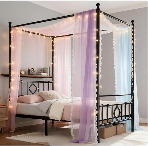 Homkdom Twin Canopy Bed Frame with Storage Headboard,Noise-Free,Black