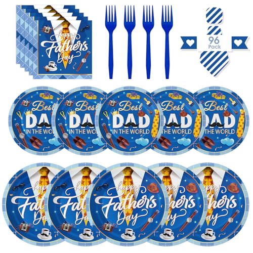 96 Pcs Happy Fathers Day Plates and Napkins Set - Best Dad Paper Plate Napkin and Forks Kit Blue Disposable Tableware for Happy Fathers Day Party Supplies Table Decorations Favors Serve 24 Guests
