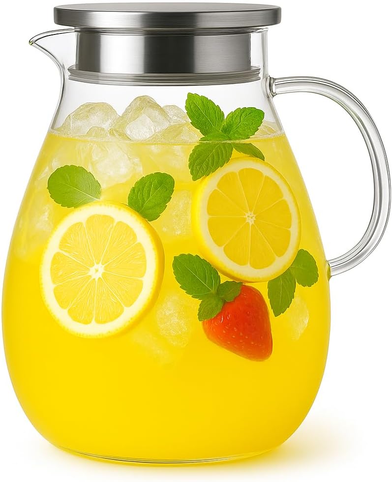1 Gallon Glass Pitcher Water Jug with Lid – Family Size Large Drink Pitcher for Lemonade Iced Tea Cold Brew, Perfect for BBQ Kitchen Party