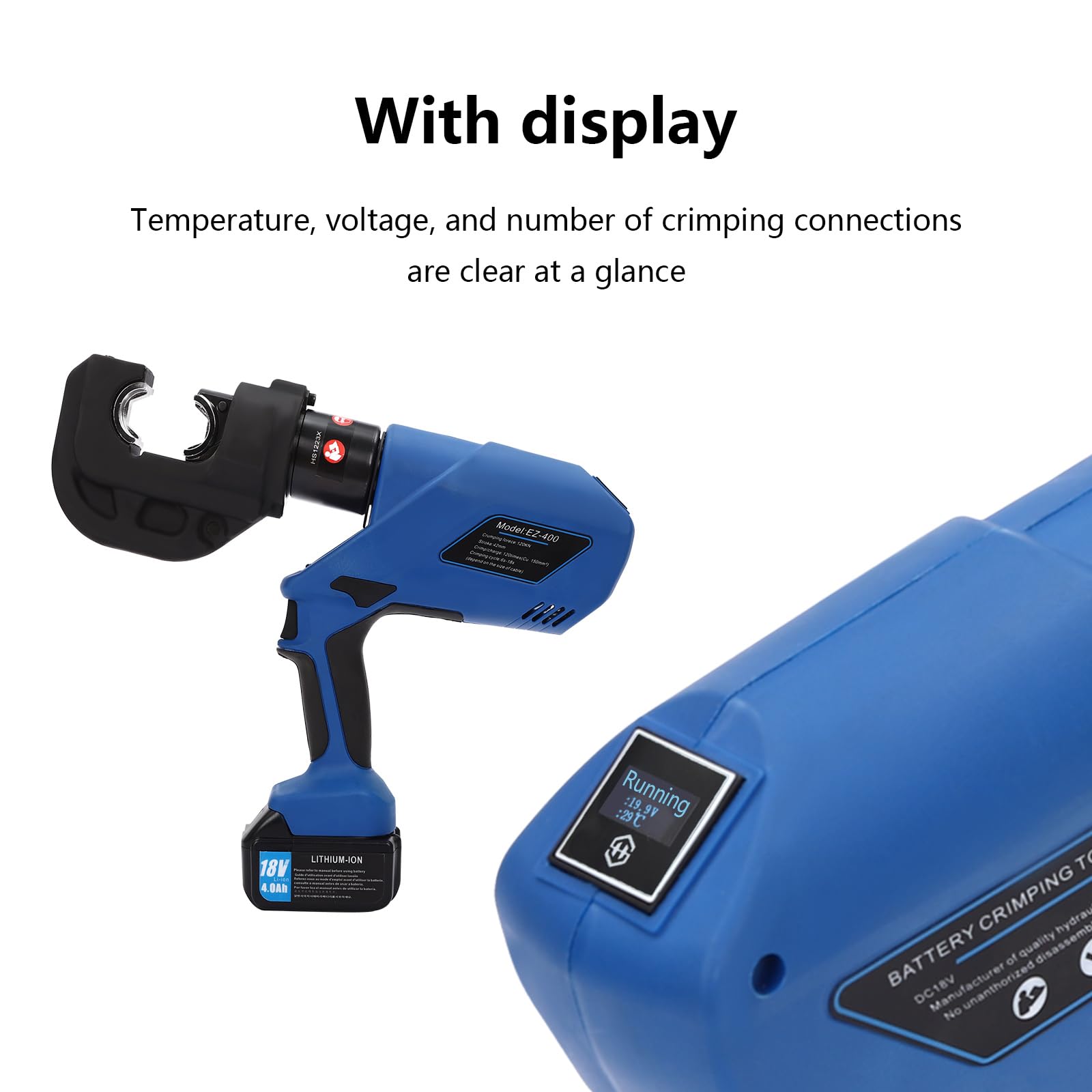 Alicates de crimpado hidráulicos eléctricos recargables 120 kN, 120 veces/carga, con 12 sellos, batería, cargador de batería, correa de mano, maletín de herramientas