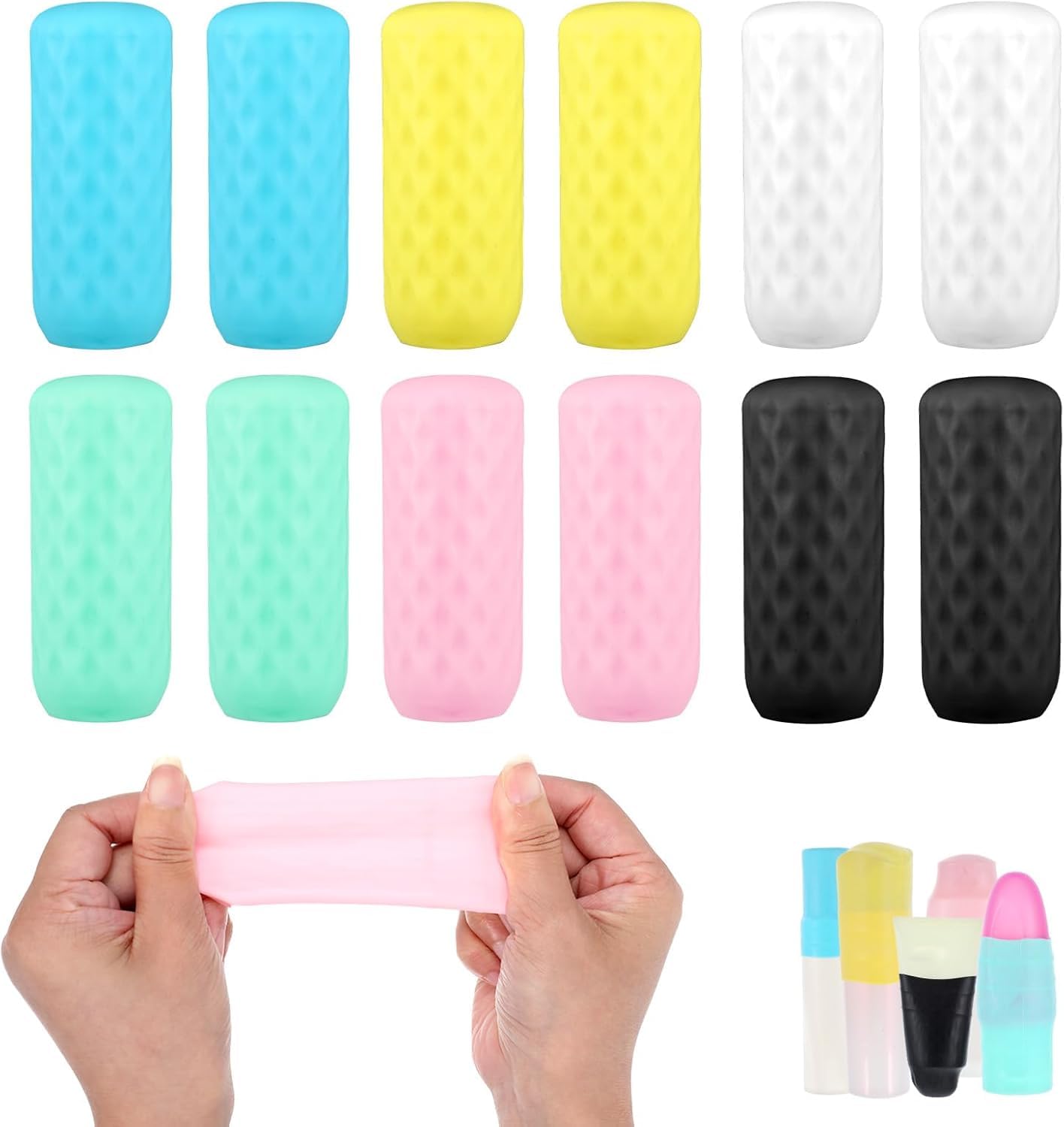 KQLHLHDYZ 12 Pack Travel Essentials Silicone Bottle Covers, Elastic Silicone Leakproof Sleeve - Travel Essentials for Toiletries, Fit Most Bottles Airplane Cruise Beach Vacation