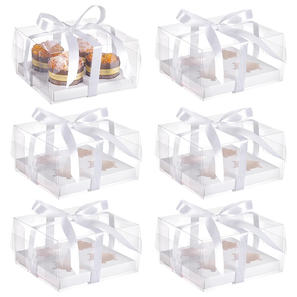 UNICRAFTALE 6Pcs Clear Cupcake Boxes 4 Count Folding Paper Cupcakes Storage Boxes with Clear Lids Portable Pastry Packaging Box with Ribbons for Mother's Day Birthday Wedding Baby Party Supplies