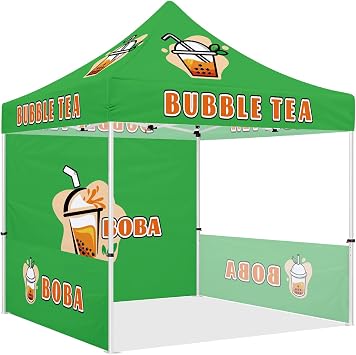 Bubble Tea Tent, Heavy Duty Outdoor Canopy Tent 10x10, Bubble Tea Themed Business Vendor Tent for Pop Up Market Boba Beverages Advertising Canopy with Roller Bag, Back Wall, Sidewalls and Rails